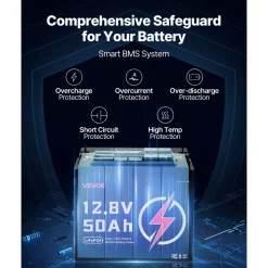 VEVOR 12V 50Ah LiFePO4 Battery, Up to 15000 Cycles, Deep Cycle Lithium Iron Phosphate Battery with Built-in BMS, Low Temperature Protection, 10 Years Lifetime, for Solar Off-Grid Home Energy Storage