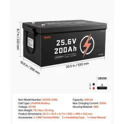 VEVOR 24V 200Ah LiFePO4 Lithium Battery 4000+ Cycles Built-in 200A BMS, Lithium Battery with Low Temperature Protection, Supports 8P2S Connection, 5120Wh Energy, for RV, Trolling Motor, Marine, Solar