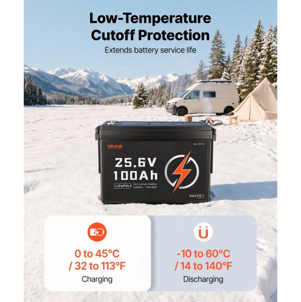 VEVOR 24V 100Ah LiFePO4 Lithium Battery 4000+ Cycles Built-in 100A BMS, Lithium Battery with Low Temperature Protection, Supports 8P2S Connection, 2560Wh Energy, for RV, Trolling Motor, Marine, Solar
