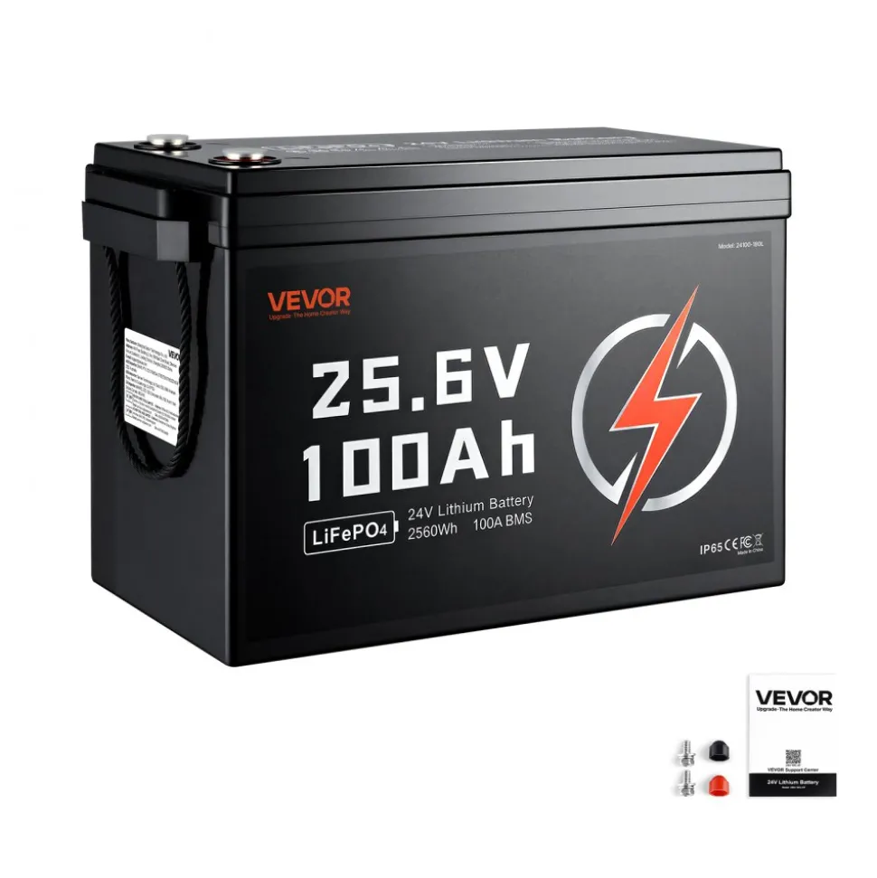 VEVOR 24V 100Ah LiFePO4 Lithium Battery 4000+ Cycles Built-in 100A BMS, Lithium Battery with Low Temperature Protection, Supports 8P2S Connection, 2560Wh Energy, for RV, Trolling Motor, Marine, Solar