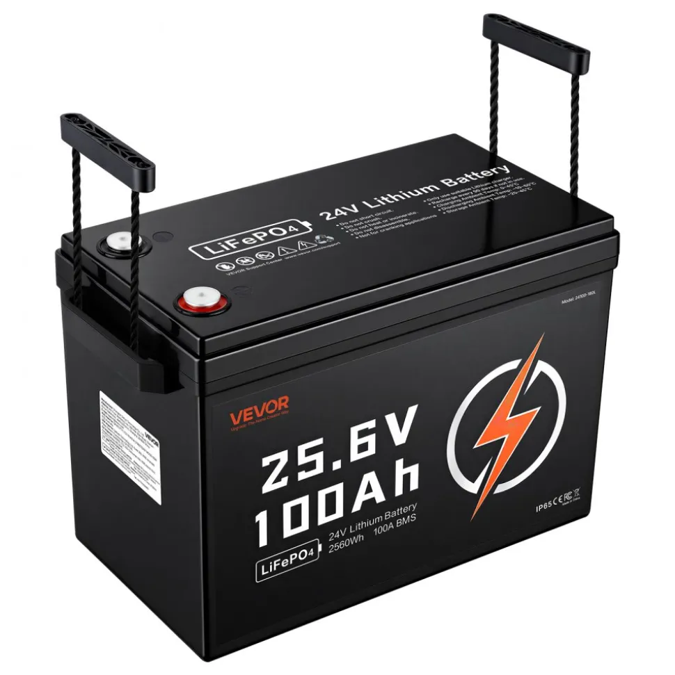 VEVOR 24V 100Ah LiFePO4 Lithium Battery 4000+ Cycles Built-in 100A BMS, Lithium Battery with Low Temperature Protection, Supports 8P2S Connection, 2560Wh Energy, for RV, Trolling Motor, Marine, Solar