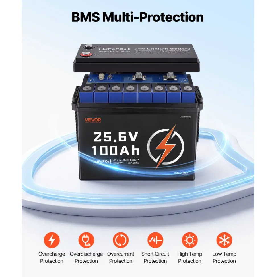 VEVOR 24V 100Ah LiFePO4 Lithium Battery 4000+ Cycles Built-in 100A BMS, Lithium Battery with Low Temperature Protection, Supports 8P2S Connection, 2560Wh Energy, for RV, Trolling Motor, Marine, Solar