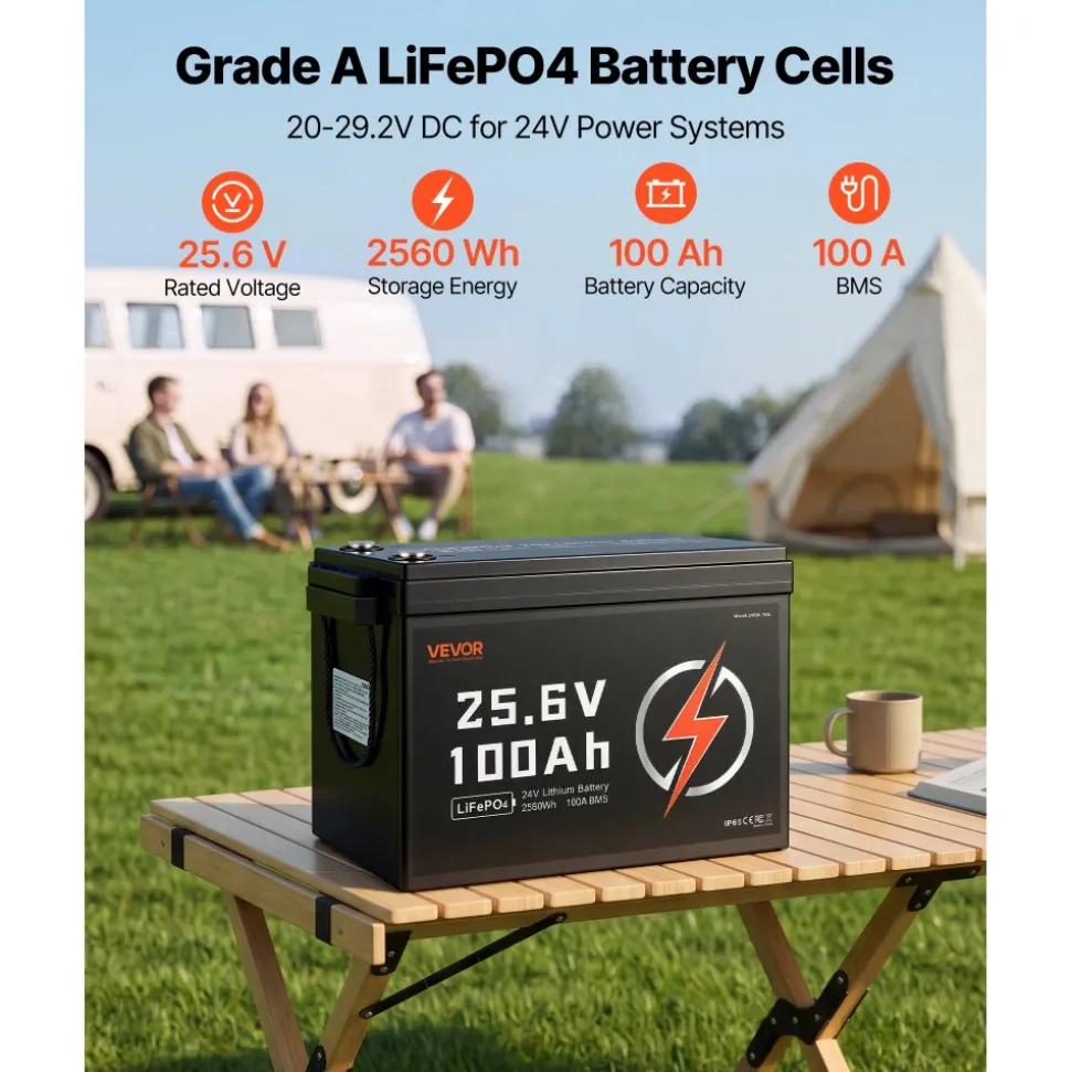 VEVOR 24V 100Ah LiFePO4 Lithium Battery 4000+ Cycles Built-in 100A BMS, Lithium Battery with Low Temperature Protection, Supports 8P2S Connection, 2560Wh Energy, for RV, Trolling Motor, Marine, Solar