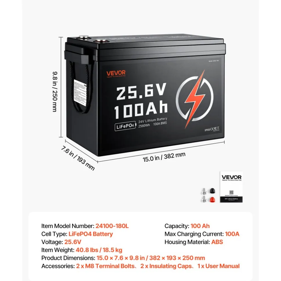VEVOR 24V 100Ah LiFePO4 Lithium Battery 4000+ Cycles Built-in 100A BMS, Lithium Battery with Low Temperature Protection, Supports 8P2S Connection, 2560Wh Energy, for RV, Trolling Motor, Marine, Solar