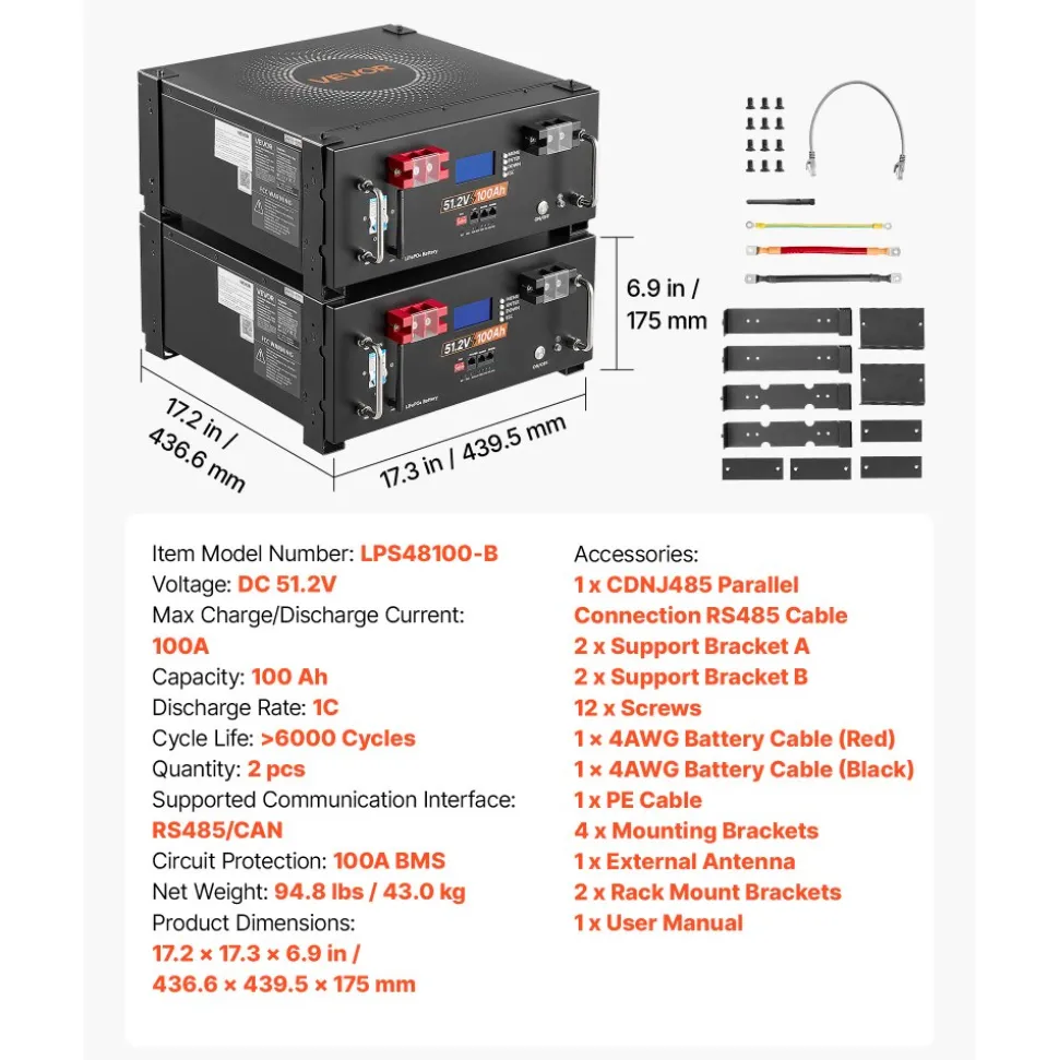 VEVOR 48V 100Ah LiFePO4 Lithium Battery, Built-in 100A BMS, 51.2V Server Rack LiFePO4 Battery with Bluetooth & Display, 5120Wh Capacity, 6000 Cycles, for Solar Energy Storage Home Backup Power, 2 Pack