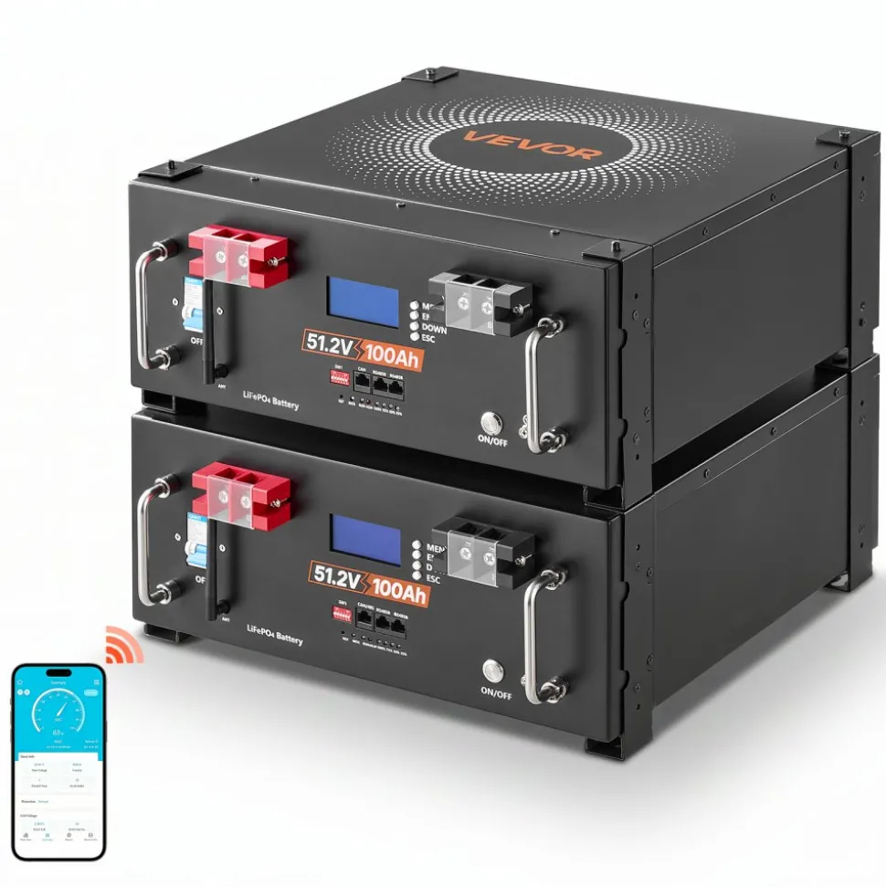 VEVOR 48V 100Ah LiFePO4 Lithium Battery, Built-in 100A BMS, 51.2V Server Rack LiFePO4 Battery with Bluetooth & Display, 5120Wh Capacity, 6000 Cycles, for Solar Energy Storage Home Backup Power, 2 Pack