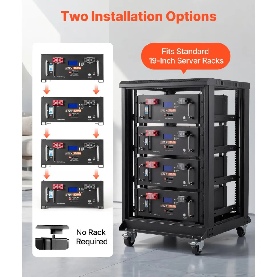 VEVOR 48V 100Ah LiFePO4 Lithium Battery, Built-in 100A BMS, 51.2V Server Rack LiFePO4 Battery with Bluetooth, 5120Wh Capacity, 6000 Cycles, LCD Display, for Solar Energy Storage Home Backup Power