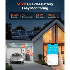 VEVOR 48V 100Ah LiFePO4 Lithium Battery, Built-in 100A BMS, 51.2V Server Rack LiFePO4 Battery with Bluetooth, 5120Wh Capacity, 6000 Cycles, LCD Display, for Solar Energy Storage Home Backup Power