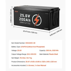 VEVOR 24V 200Ah LiFePO4 Lithium Battery, Built-in 100A BMS, Deep Cycle Lithium Rechargeable Battery with Low Temperature Protection, 4000+ Cycles, Max. 5120Wh, for RV, Camper, Trolling Motors, Marine