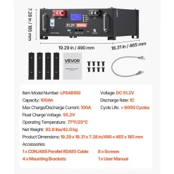 VEVOR 48V 400Ah LiFePO4 Lithium Battery, 4 Pack 100Ah, 20.48kWh Capacity, 51.2V Server Rack LiFePO4 Battery with Bluetooth, Max 6000 Cycles, LCD Display, for Off-Grid, Solar System, Backup Power