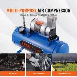 VEVOR 12V Air Compressor with Tank 0.8 Gallon/3 L, Train Horn Air Compressor, 120 psi Working Pressure Onboard Air Compressor System for Train Air Horns, Inflating Tires, Air Mattresses