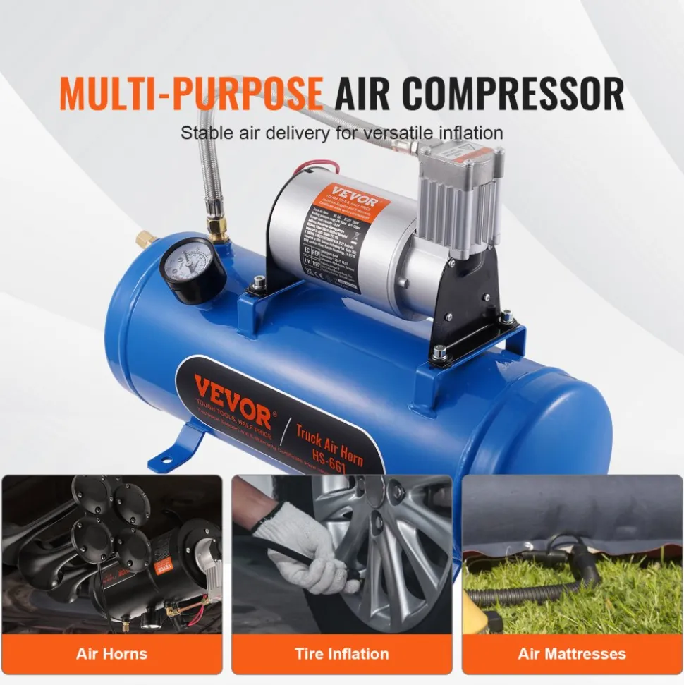 VEVOR 12V Air Compressor with Tank 1.6 Gallon/6 L, Train Horn Air Compressor, 120 psi Working Pressure Onboard Air Compressor System for Train Air Horns, Inflating Tires, Air Mattresses