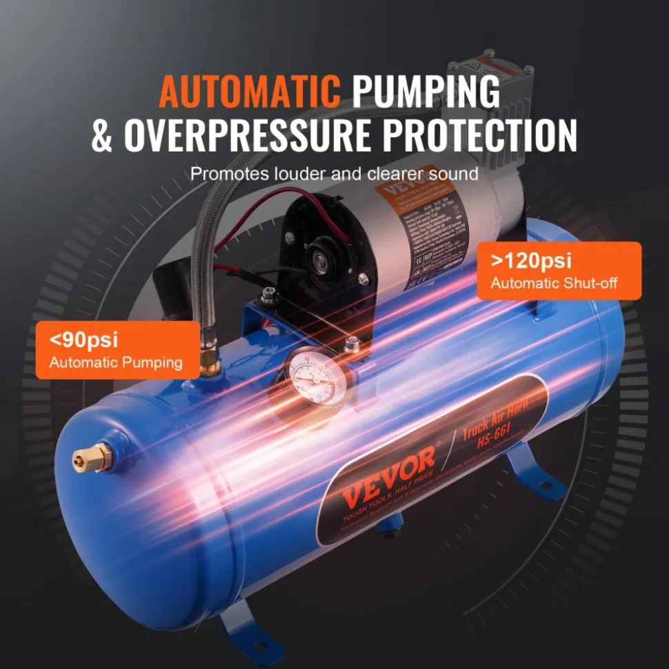 VEVOR 12V Air Compressor with Tank 1.6 Gallon/6 L, Train Horn Air Compressor, 120 psi Working Pressure Onboard Air Compressor System for Train Air Horns, Inflating Tires, Air Mattresses