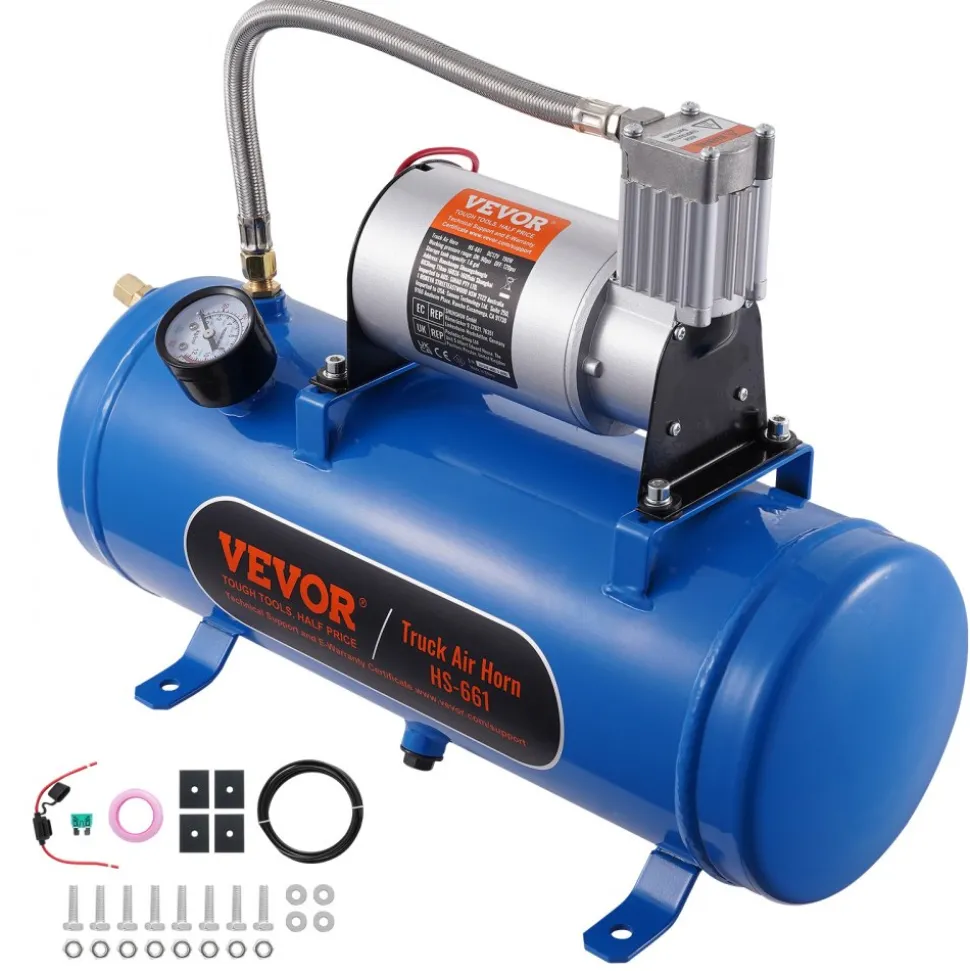 VEVOR 12V Air Compressor with Tank 1.6 Gallon/6 L, Train Horn Air Compressor, 120 psi Working Pressure Onboard Air Compressor System for Train Air Horns, Inflating Tires, Air Mattresses