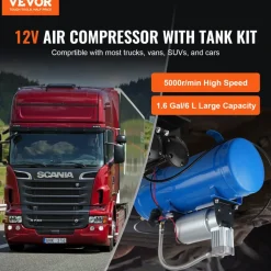 VEVOR 12V Air Compressor with Tank 1.6 Gallon/6 L, Train Horn Air Compressor, 120 psi Working Pressure Onboard Air Compressor System for Train Air Horns, Inflating Tires, Air Mattresses