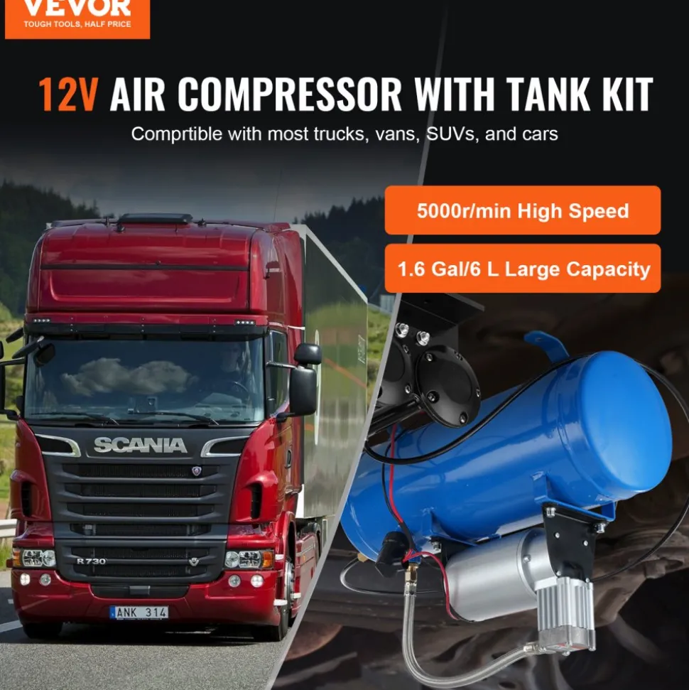 VEVOR 12V Air Compressor with Tank 1.6 Gallon/6 L, Train Horn Air Compressor, 120 psi Working Pressure Onboard Air Compressor System for Train Air Horns, Inflating Tires, Air Mattresses