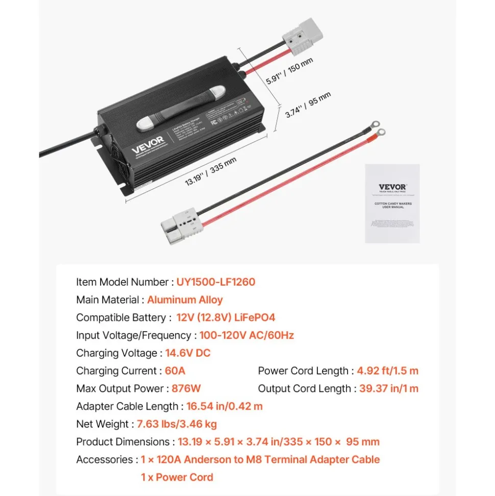 VEVOR 36V 18A Lithium Battery Charger, 43.8V, AC-DC LiFePO4 Smart Charger, with Anderson Connector, LED Indicator, 0V Activation, for Lithium LiFePO4 Deep Cycle Rechargeable Batteries of Boat, RV