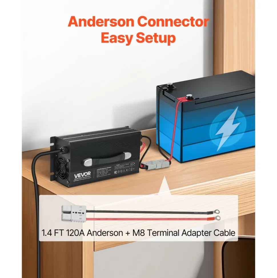 VEVOR 36V 18A Lithium Battery Charger, 43.8V, AC-DC LiFePO4 Smart Charger, with Anderson Connector, LED Indicator, 0V Activation, for Lithium LiFePO4 Deep Cycle Rechargeable Batteries of Boat, RV
