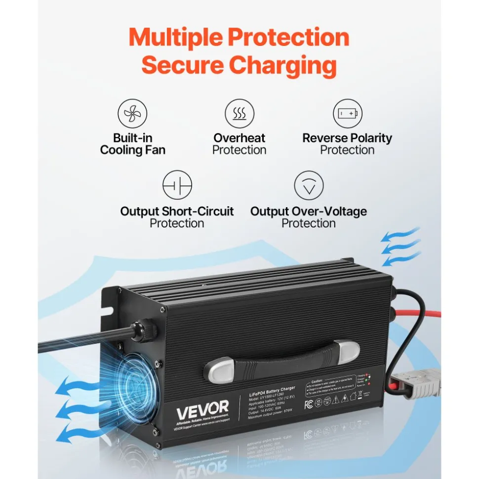 VEVOR 36V 18A Lithium Battery Charger, 43.8V, AC-DC LiFePO4 Smart Charger, with Anderson Connector, LED Indicator, 0V Activation, for Lithium LiFePO4 Deep Cycle Rechargeable Batteries of Boat, RV