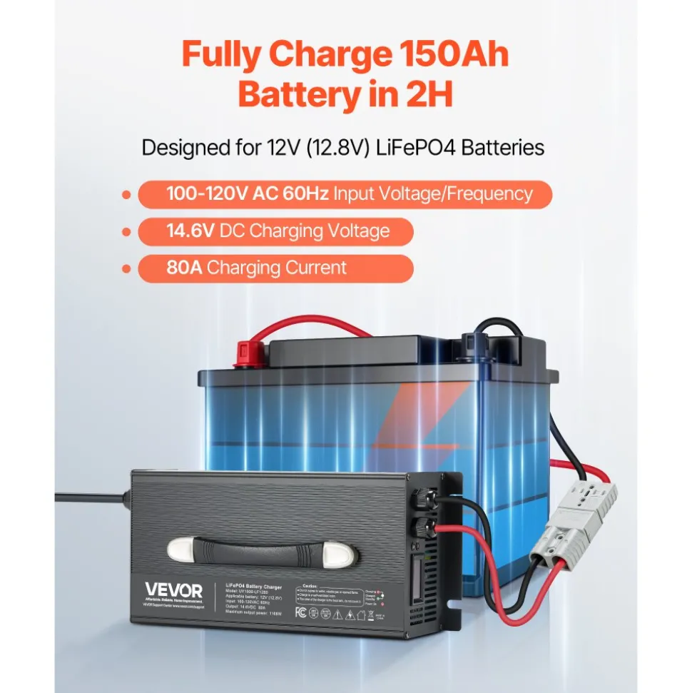 VEVOR 12V 80A Lithium Battery Charger, 14.6V, AC-DC LiFePO4 Smart Charger, with Anderson Connector, LED Indicator, 0V Activation, for Lithium LiFePO4 Deep Cycle Rechargeable Batteries of Boat, RV