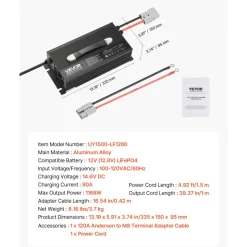 VEVOR 12V 80A Lithium Battery Charger, 14.6V, AC-DC LiFePO4 Smart Charger, with Anderson Connector, LED Indicator, 0V Activation, for Lithium LiFePO4 Deep Cycle Rechargeable Batteries of Boat, RV