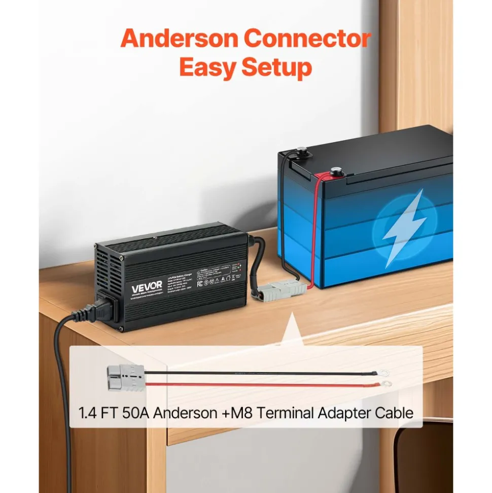 VEVOR 12V 20A Lithium Battery Charger, 14.6V, AC-DC LiFePO4 Smart Charger, with Anderson Connector, LED Indicator, 0V Activation, for Lithium LiFePO4 Deep Cycle Rechargeable Batteries of Boat, RV