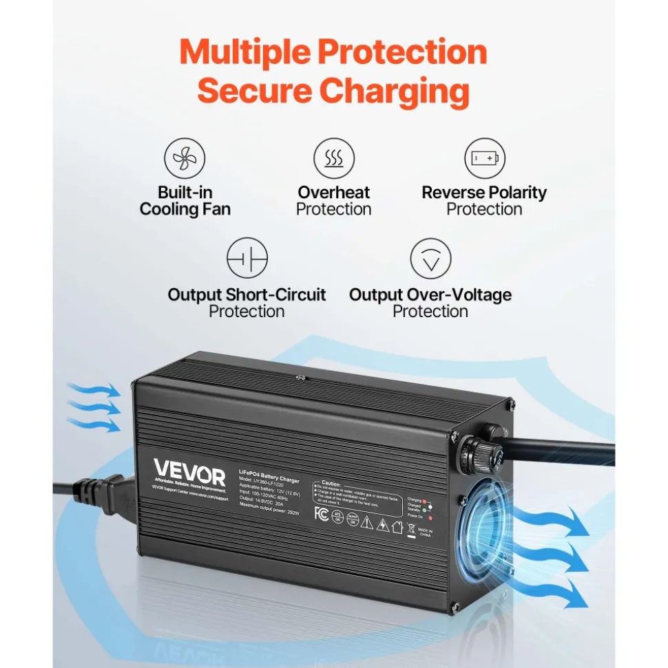 VEVOR 12V 20A Lithium Battery Charger, 14.6V, AC-DC LiFePO4 Smart Charger, with Anderson Connector, LED Indicator, 0V Activation, for Lithium LiFePO4 Deep Cycle Rechargeable Batteries of Boat, RV