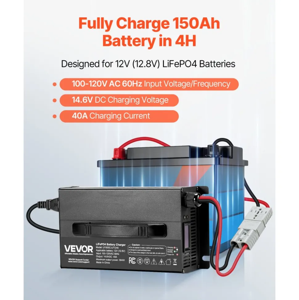 VEVOR 12V 40A Lithium Battery Charger, 14.6V, AC-DC LiFePO4 Smart Charger, with Anderson Connector, LED Indicator, 0V Activation, for Lithium LiFePO4 Deep Cycle Rechargeable Batteries of Boat, RV