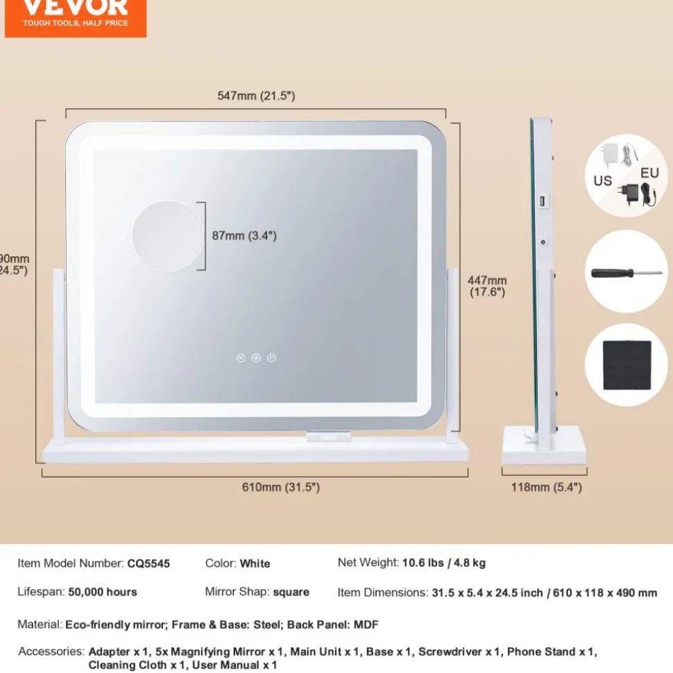 VEVOR Vanity Mirror with Lights, Three Color Lighting Modes, Lighted Makeup LED Mirror, and 5X Magnification,USB Port, Smart Touch Control, 360°Rotation (21.7x17.7 in, White)