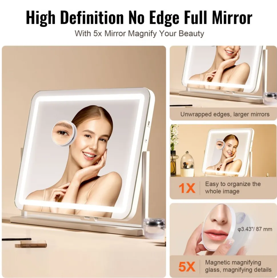 VEVOR Vanity Mirror with Lights, Three Color Lighting Modes, Lighted Makeup LED Mirror, and 5X Magnification,USB Port, Smart Touch Control, 360°Rotation (21.7x17.7 in, White)