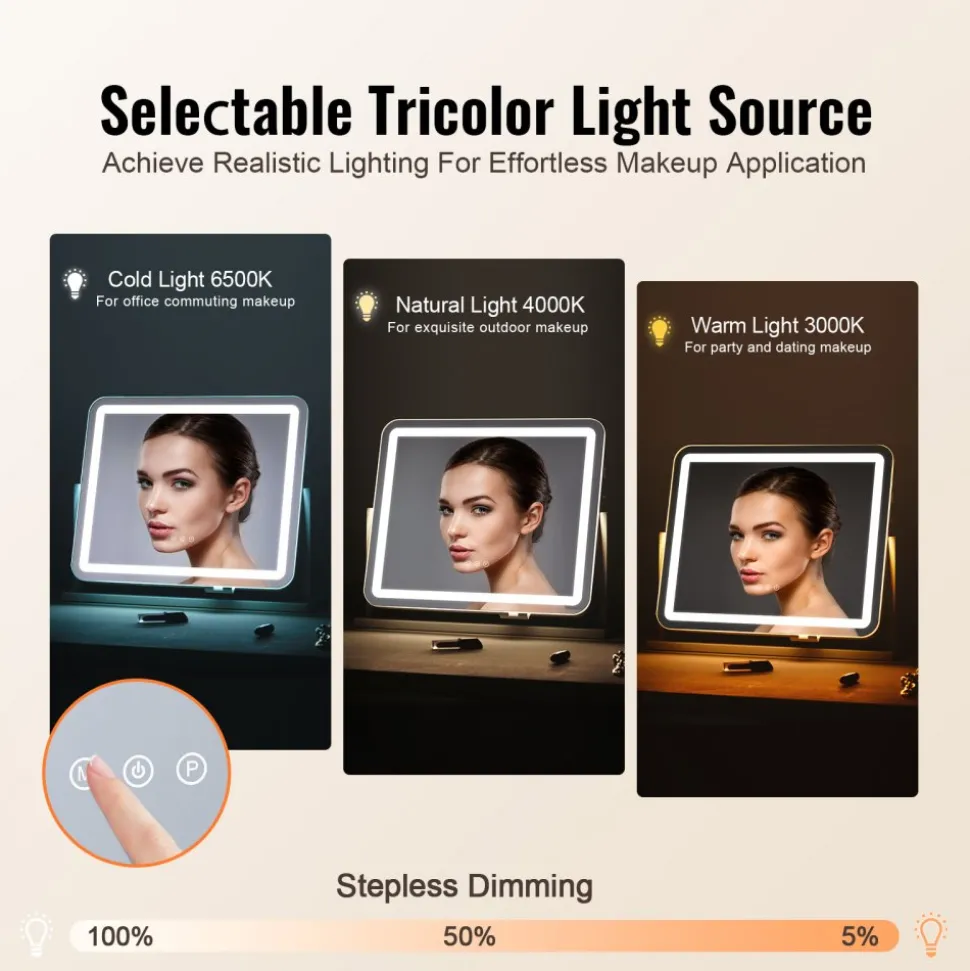 VEVOR Vanity Mirror with Lights, Three Color Lighting Modes, Lighted Makeup LED Mirror, and 5X Magnification,USB Port, Smart Touch Control, 360°Rotation (21.7x17.7 in, White)