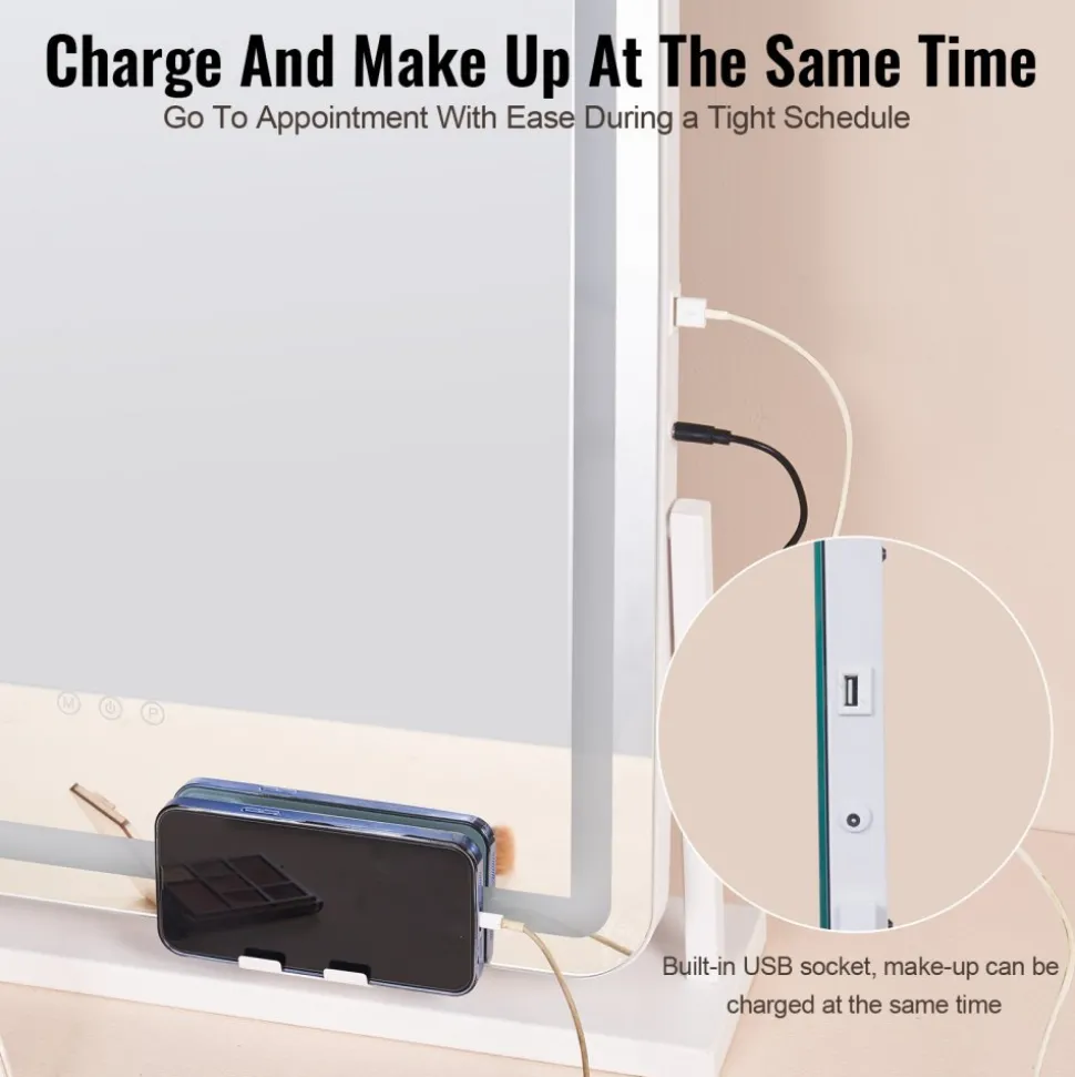 VEVOR Vanity Mirror with Lights, Three Color Lighting Modes, Lighted Makeup LED Mirror, and 5X Magnification,USB Port, Smart Touch Control, 360°Rotation (21.7x17.7 in, White)