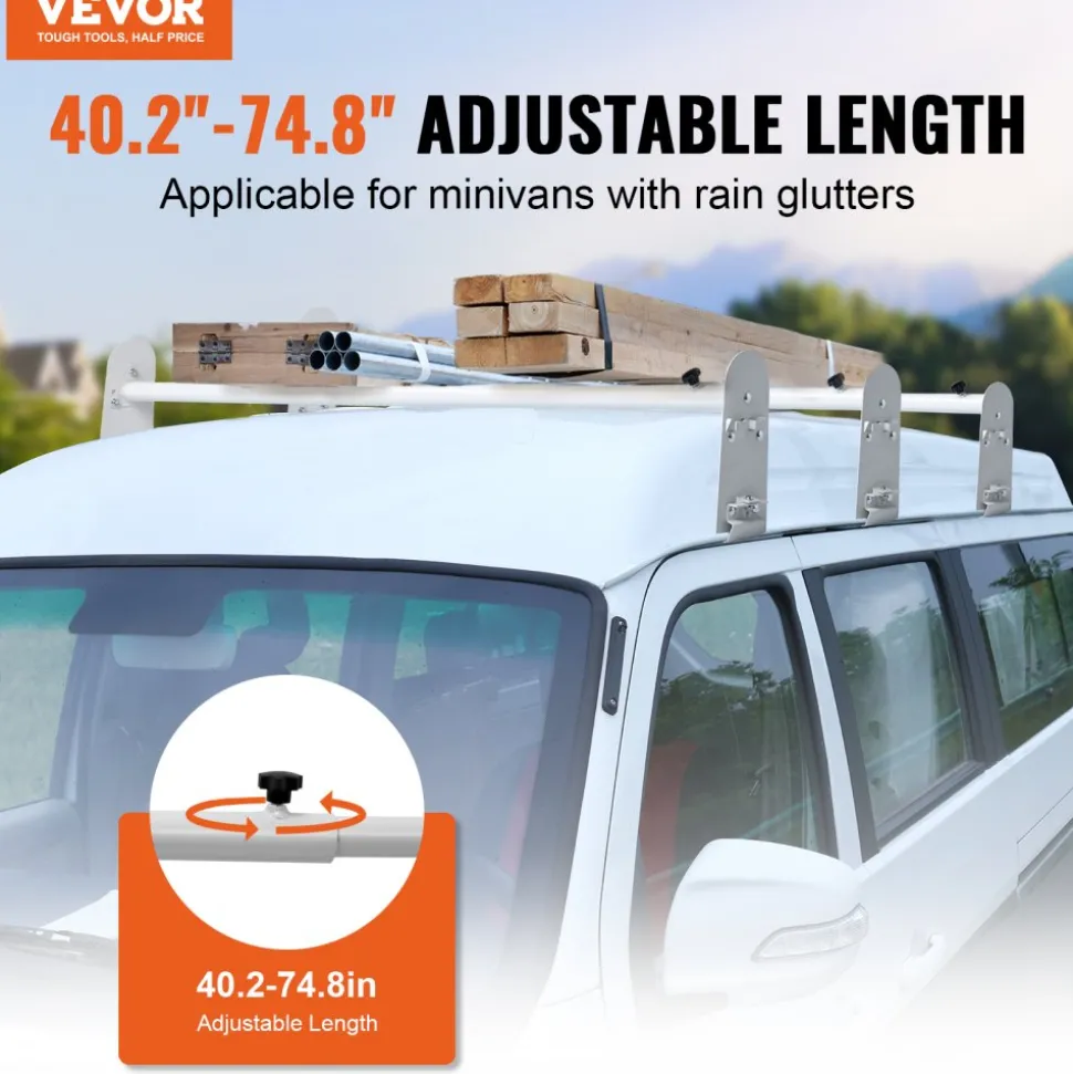 VEVOR Van Roof Ladder Rack, 3 Bars Alloy Steel Roof Racks, 750 LBS Capacity Rain-Gutter Roof Rack, Adjustable Length 40.2" to 74.8", Van Ladder Rack Compatible with Chevrolet Express, GMC Savana, etc