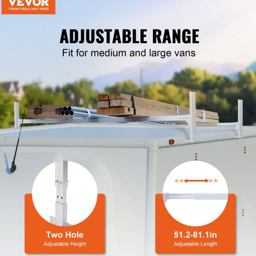 VEVOR Van Roof Ladder Rack, 2 Bars Aluminum Alloy Roof Ladder Racks, 400 LBS Capacity Rain-Gutter Van Roof Rack, Adjustable Length 51.2" to 81.1", Van Ladder Rack for Van, Cargo, Trailer