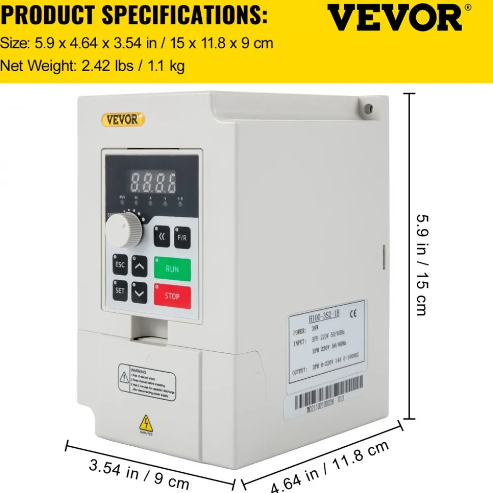 VEVOR Variable Frequency Drive, AC 220V Input 3KW Variable Frequency CNC Drive Inverter Converter, VFD 4HP 1 or 3 Phase Input, 3 Phase Output, CNC Motor Inverter Converter for Motor Speed Control