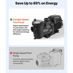 VEVOR Variable Speed Pool Pump, 1.5 HP, AC 220-240V, 132 GPM, In/Above Swimming Pool Pump with Filter Basket, Powerful Self Priming, Programmable Timer, for Inground and Above Ground Swimming Pool