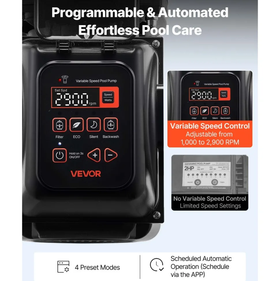VEVOR Variable Speed Pool Pump, 2 HP, AC 220-240V, 145 GPM, In/Above Swimming Pool Pump with Filter Basket, Powerful Self Priming, Programmable Timer, for Inground and Above Ground Swimming Pool