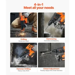 VEVOR 20V Brushless Cordless Hammer Drill, Lithium-Ion 1.1 Inch Rotary Hammer Driver, SDS-Plus Electric Lightweight Power Tool Kit with Battery and Charger, 4 Functions, 1200 RPM, 5300 BPM