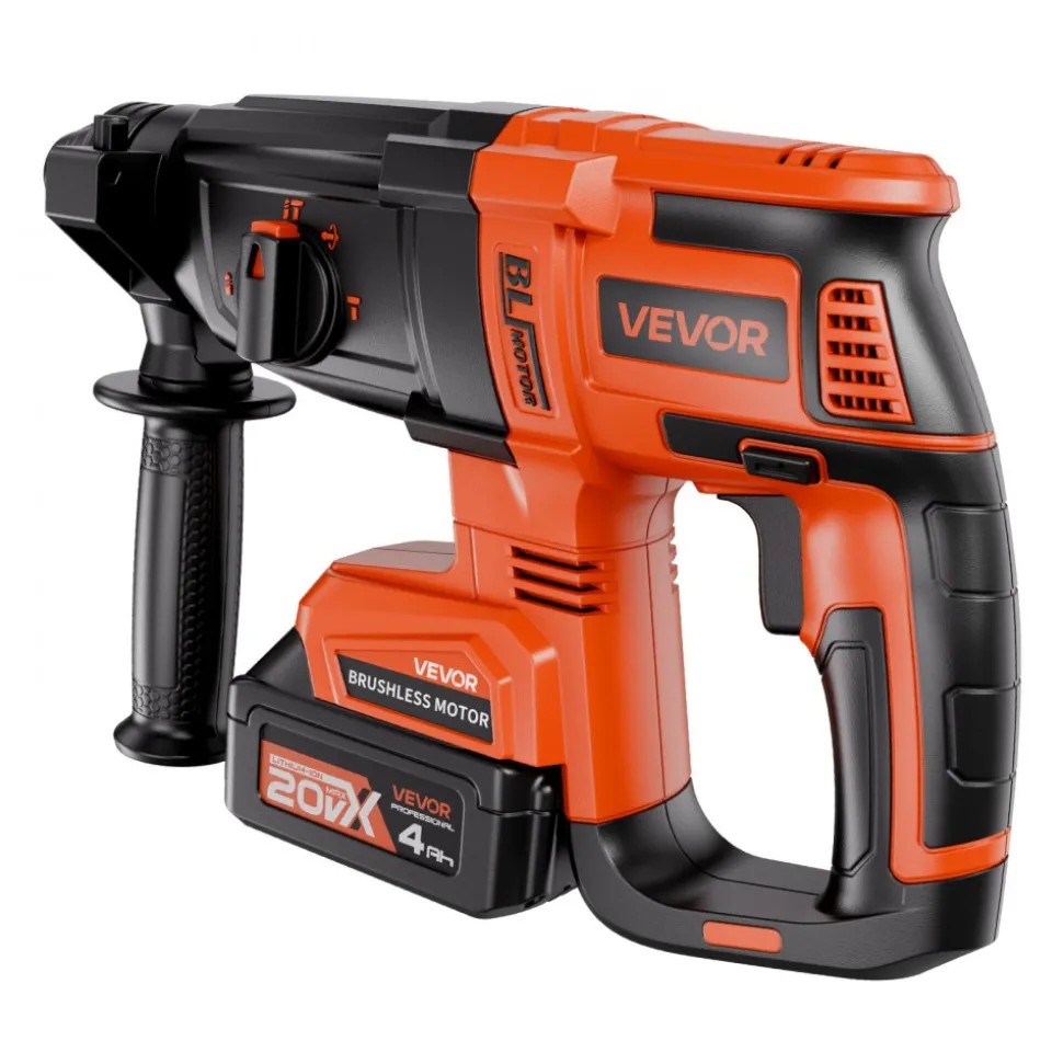 VEVOR 20V Brushless Cordless Hammer Drill, Lithium-Ion 1.1 Inch Rotary Hammer Driver, SDS-Plus Electric Lightweight Power Tool Kit with Battery and Charger, 4 Functions, 1200 RPM, 5300 BPM