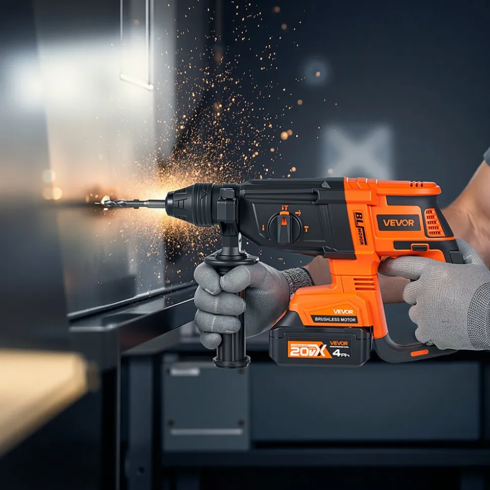 VEVOR 20V Brushless Cordless Hammer Drill, Lithium-Ion 1.1 Inch Rotary Hammer Driver, SDS-Plus Electric Lightweight Power Tool Kit with Battery and Charger, 4 Functions, 1200 RPM, 5300 BPM