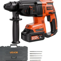 VEVOR 20V Brushless Cordless Hammer Drill, Lithium-Ion 1.1 Inch Rotary Hammer Driver, SDS-Plus Electric Lightweight Power Tool Kit with Battery and Charger, 4 Functions, 1200 RPM, 5300 BPM