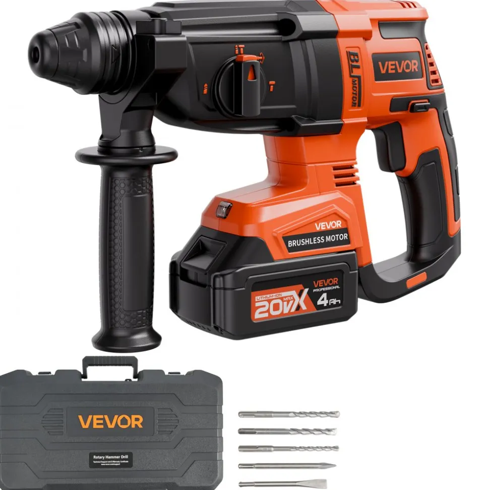 VEVOR 20V Brushless Cordless Hammer Drill, Lithium-Ion 1.1 Inch Rotary Hammer Driver, SDS-Plus Electric Lightweight Power Tool Kit with Battery and Charger, 4 Functions, 1200 RPM, 5300 BPM