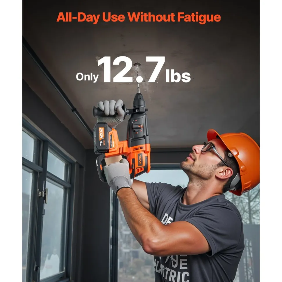 VEVOR 20V Brushless Cordless Hammer Drill, Lithium-Ion 1 Inch Rotary Hammer Driver, SDS-Plus Electric Lightweight Power Tool Kit with Battery and Charger, 4 Functions, 1200 RPM, 5300 BPM
