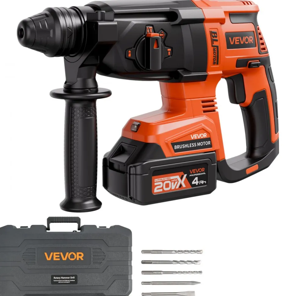 VEVOR 20V Brushless Cordless Hammer Drill, Lithium-Ion 1 Inch Rotary Hammer Driver, SDS-Plus Electric Lightweight Power Tool Kit with Battery and Charger, 4 Functions, 1200 RPM, 5300 BPM