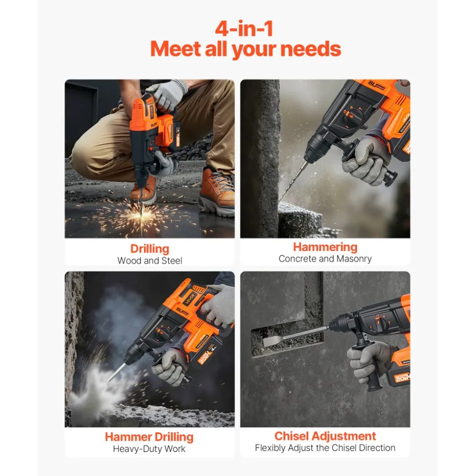 VEVOR 20V Brushless Cordless Hammer Drill, Lithium-Ion 1 Inch Rotary Hammer Driver, SDS-Plus Electric Lightweight Power Tool Kit with Battery and Charger, 4 Functions, 1200 RPM, 5300 BPM
