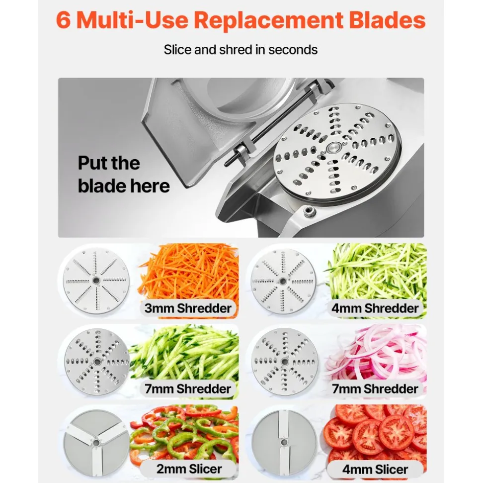 VEVOR 110V Commercial Food Processor 2 Feeding Holes, 550W Electric Vegetable Slicer 1600 RPM, Stainless Steel Vegetable Processor Detachable 6-blades, 3mm/4mm/7mm Shred, 2mm/4mm Slice