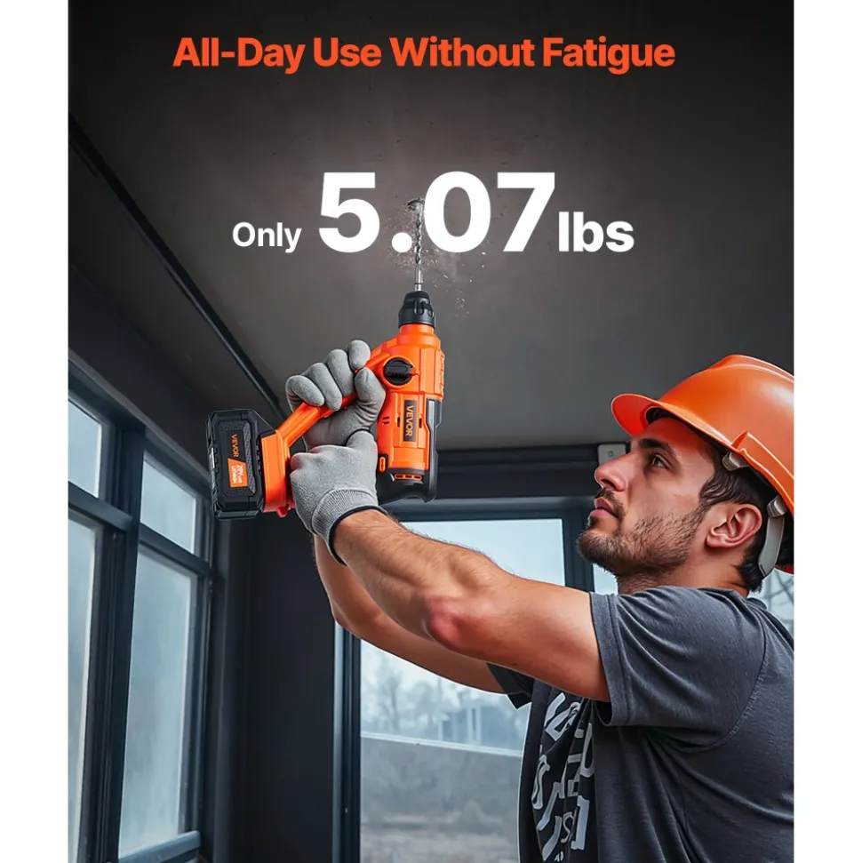 VEVOR 20V Cordless Hammer Drill, Lithium-Ion 0.6 Inch Rotary Hammer Driver, SDS-Plus Electric Lightweight Power Tool Kit with Battery and Charger, 2 Functions, 1000 RPM, 5100 BPM