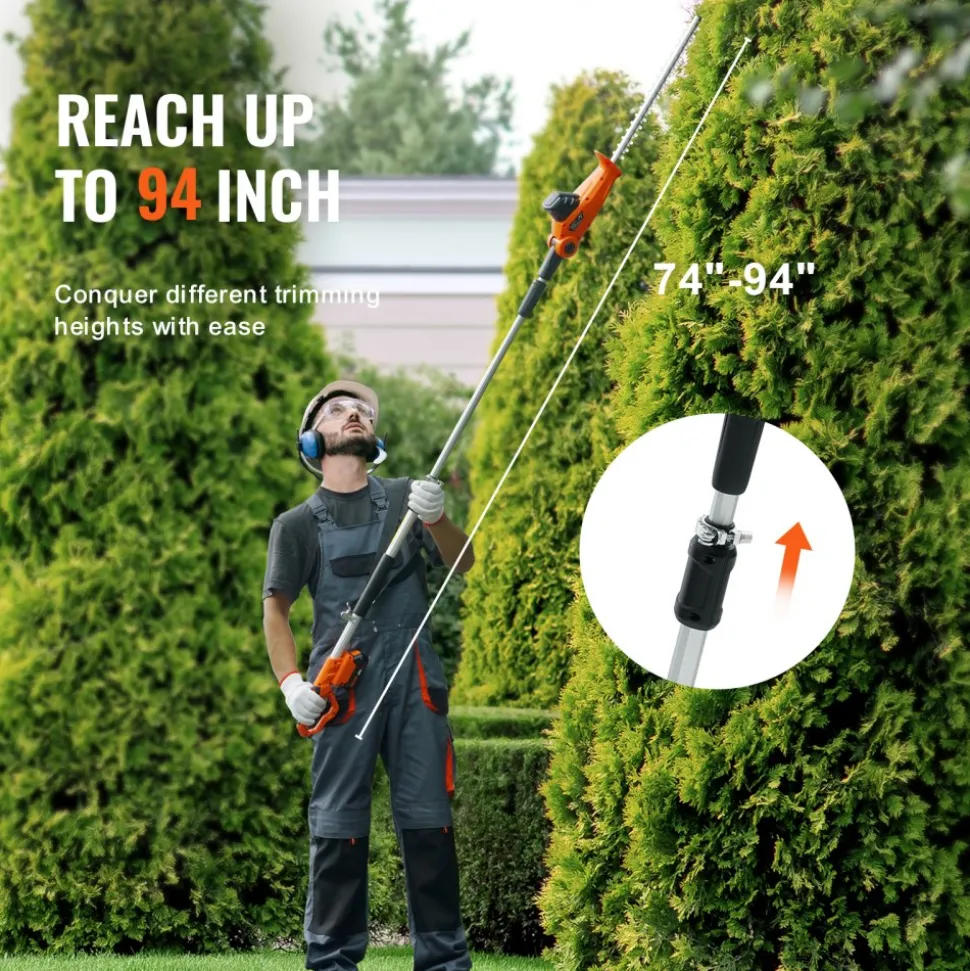 VEVOR 20V Cordless Hedge Trimmer, 18 inch Double-edged Steel Blade, Pole Hedge Trimmer Kit 20V Battery, Fast Charger Included, 74"-94" Telescoping Design for High Branches