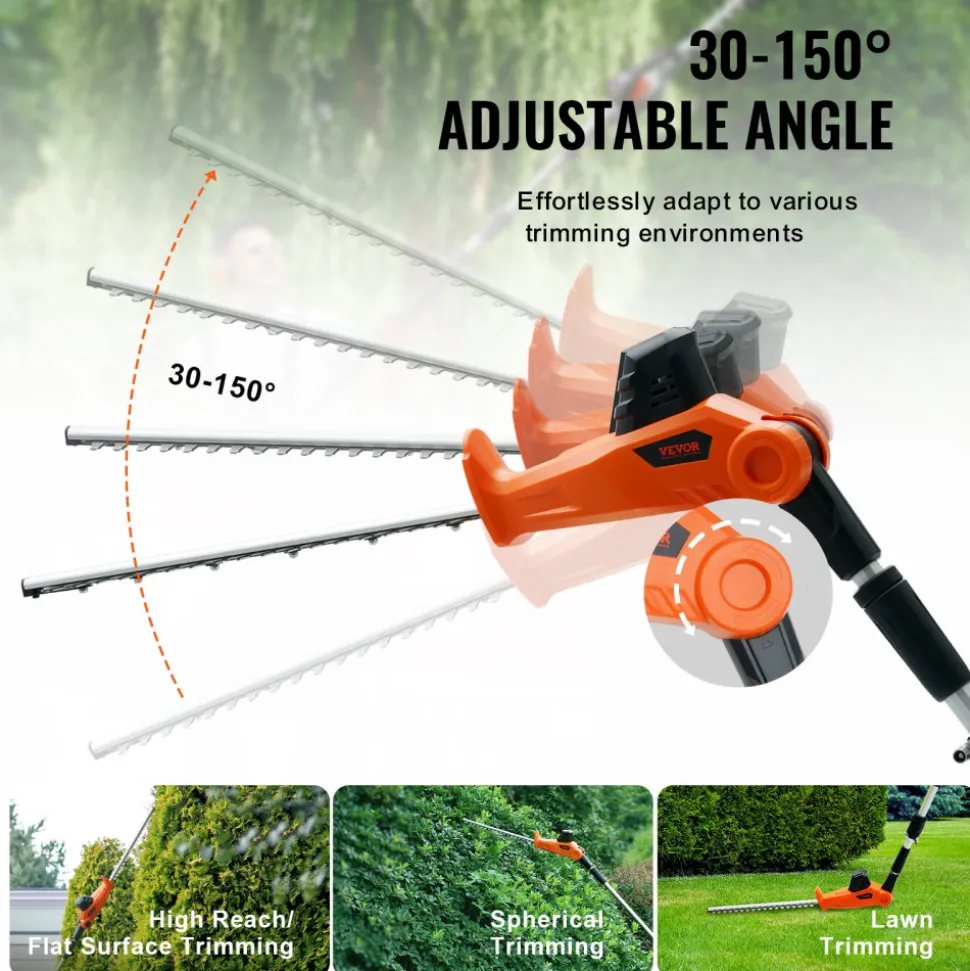 VEVOR 20V Cordless Hedge Trimmer, 18 inch Double-edged Steel Blade, Pole Hedge Trimmer Kit 20V Battery, Fast Charger Included, 74"-94" Telescoping Design for High Branches