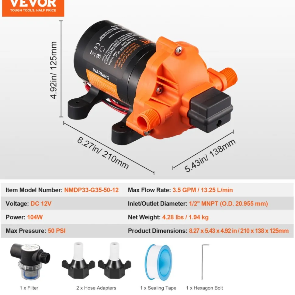 VEVOR 12V Diaphragm Pump, 3.5 GPM (13.25 L/min), 3-Chamber 12 Volt DC Water Pump with Automatic Pressure Switch 40-100 PSI Adjustable, 50 PSI, 1/2'' MNPT Port, for RV Yacht Food Truck Camper Marine